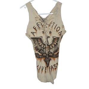Affliction Sleeveless Bodysuit Medium Beige Braided Lace UP Details Distressed